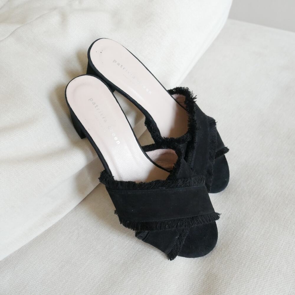 Patricia Green Kate Fringe Mule Sandal heel made in Spain black suede womens 6 - Picture 10 of 11